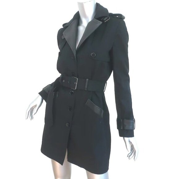 THE KOOPLES Black Leather Trim Belted Trench Coat - Picture 5 of 13